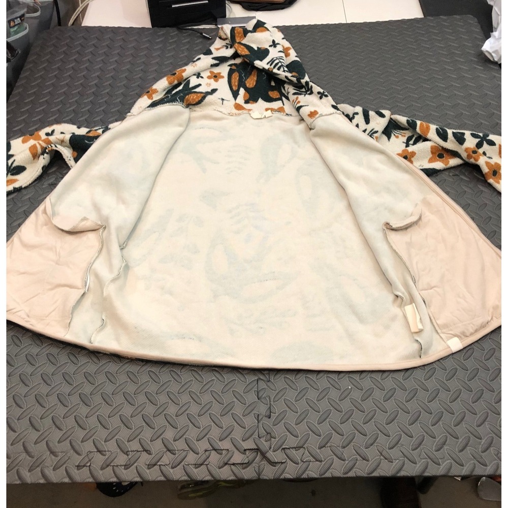 Happy Earth Fleece Hoodie Jacket Unisex Medium Cream Green Bird Floral Zip Up - Picture 6 of 9